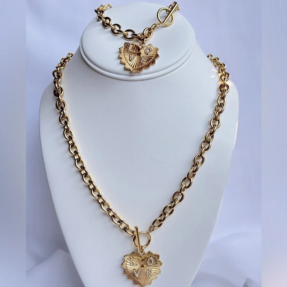 Gold LOVE Heart Pendant Chunky Bracelet
